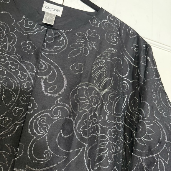 Chico's Embroidered Silk Duster Jacket Black and Silver Floral Longline Size XL - Picture 10 of 13